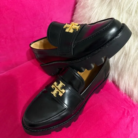 Tory Burch Black chunky Loafers with Gold Logo - Picture 4 of 6